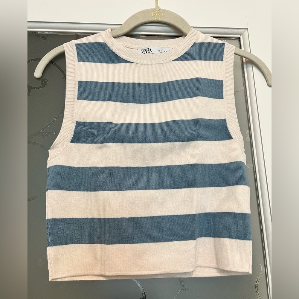 Zara Blue and Cream Striped Sleeveless Top